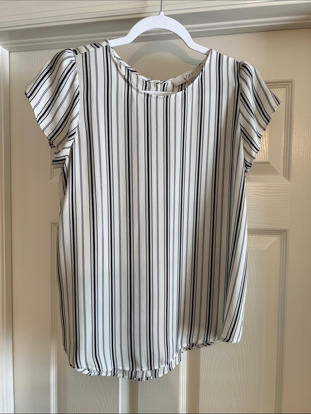 LOFT White Blouse with Black Vertical Stripes